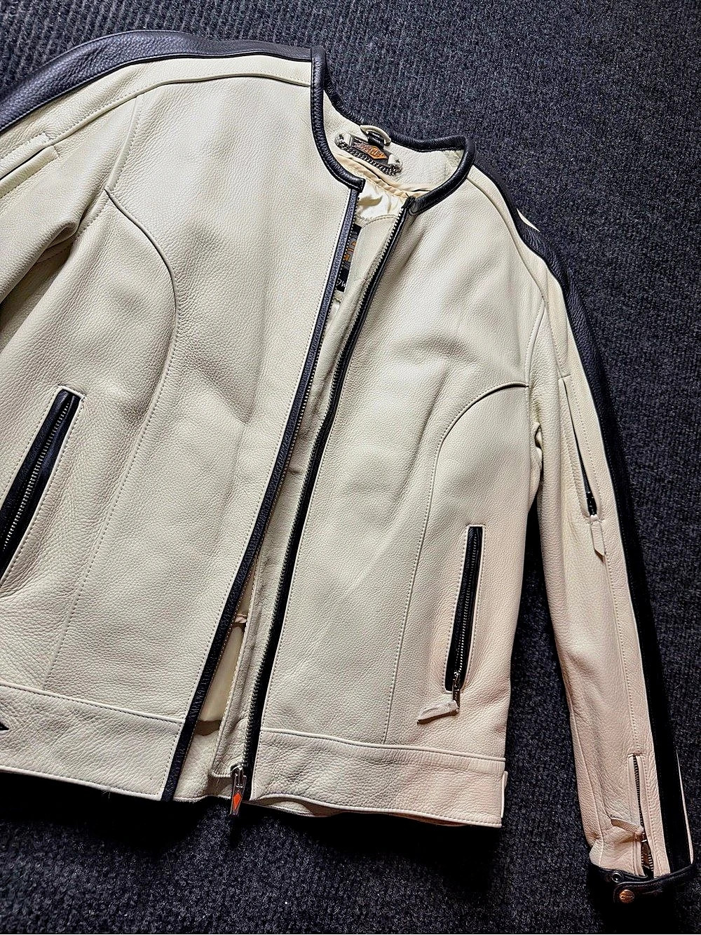 Power Trip Women’s L Genuine Leather Motorcycle Jacket White Black Moto Biker